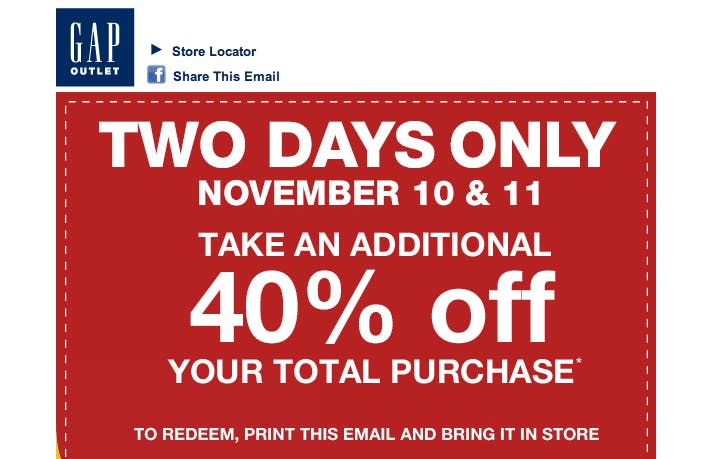 Get a Coupon For 40% Off In-Store Purchase at GAP Outlet ...
