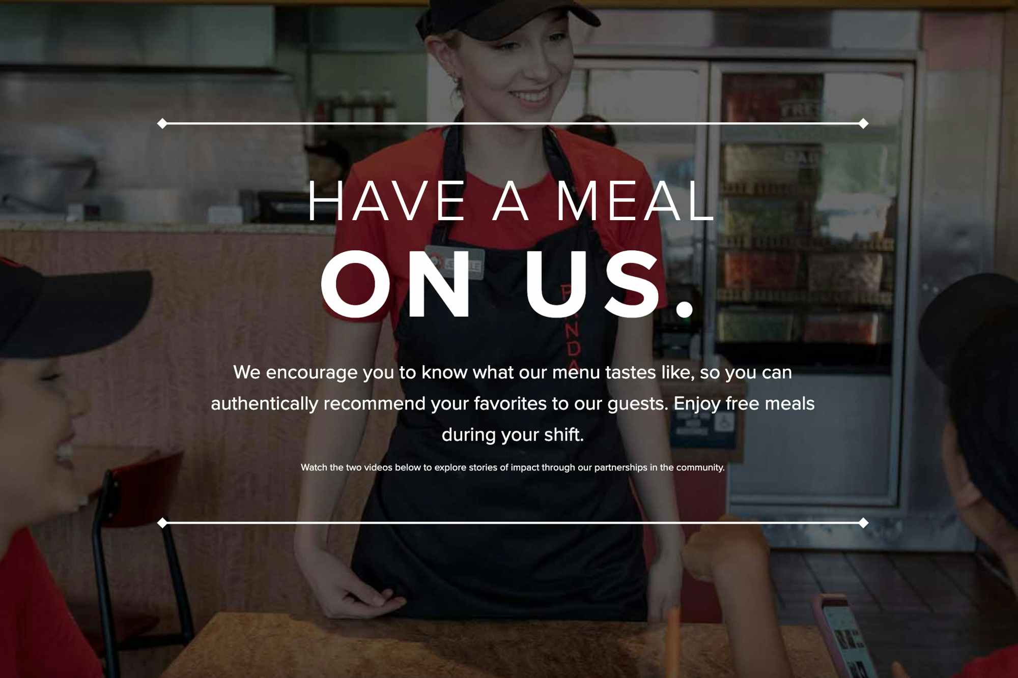 A graphic from the Panda Express careers website that says, "Have a meal on us. We encourage you to know what our menu tastes like, so you can authentically recommend your favorites to our guests. Enjoy free meals during your shift.
