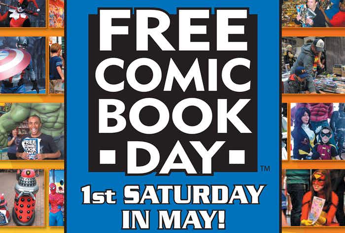 A digital poster for Free Comic Book Day, dated for the first Saturday in May, May 7th, 2022. The poster has a graphic showing the title and date on a background of a collage of photos of cosplayers and comic characters.
