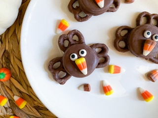 oreo pretzel turkey and candy corn on plate