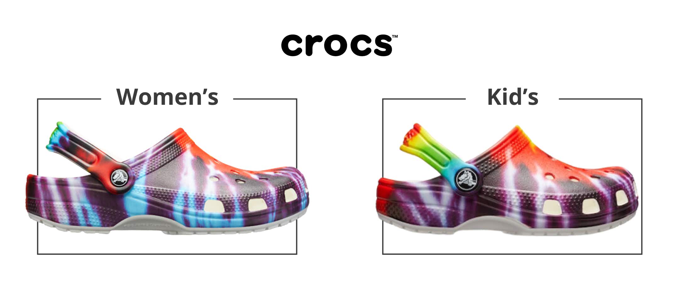 A comparison of a kid's and women's crocs shoe