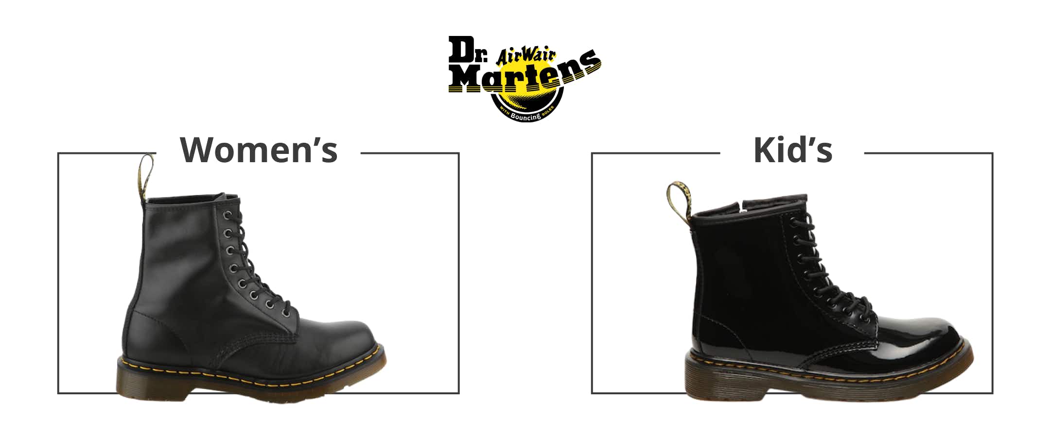 A comparison of a kid's and women's Dr. Martens shoe