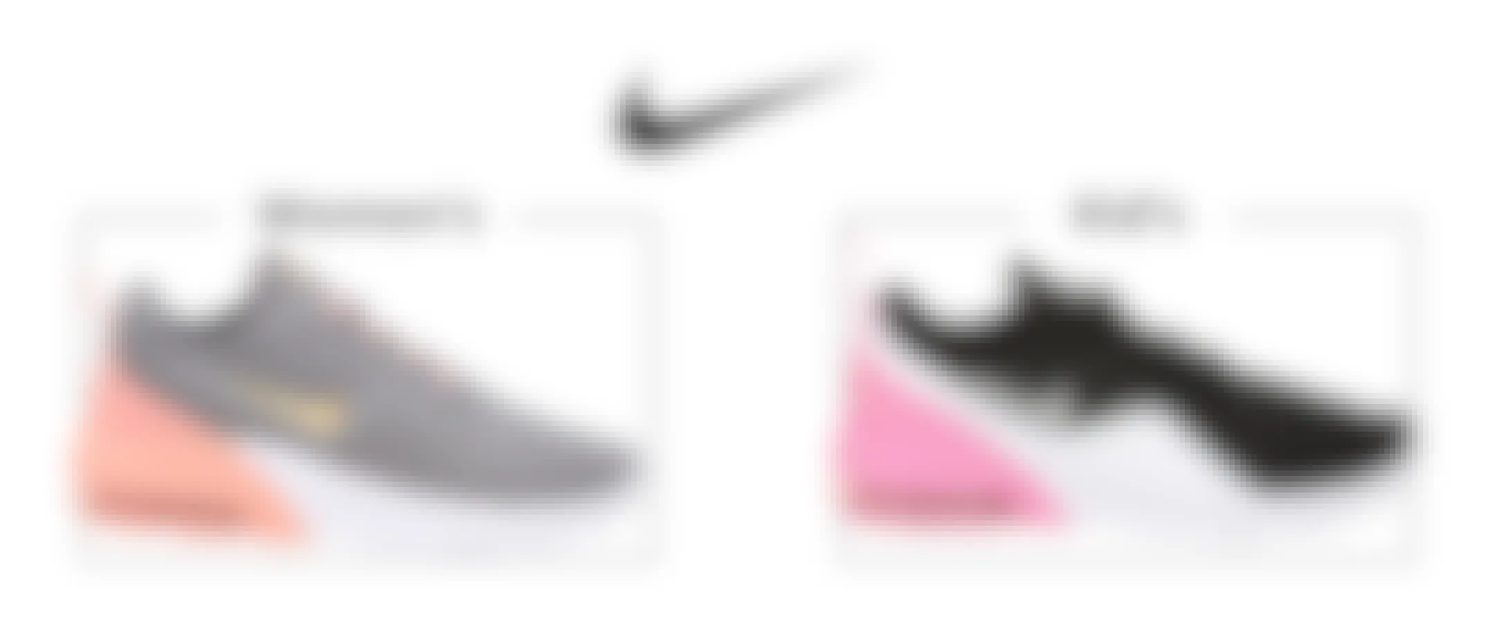 A comparison of a kid's and women's Nike shoe