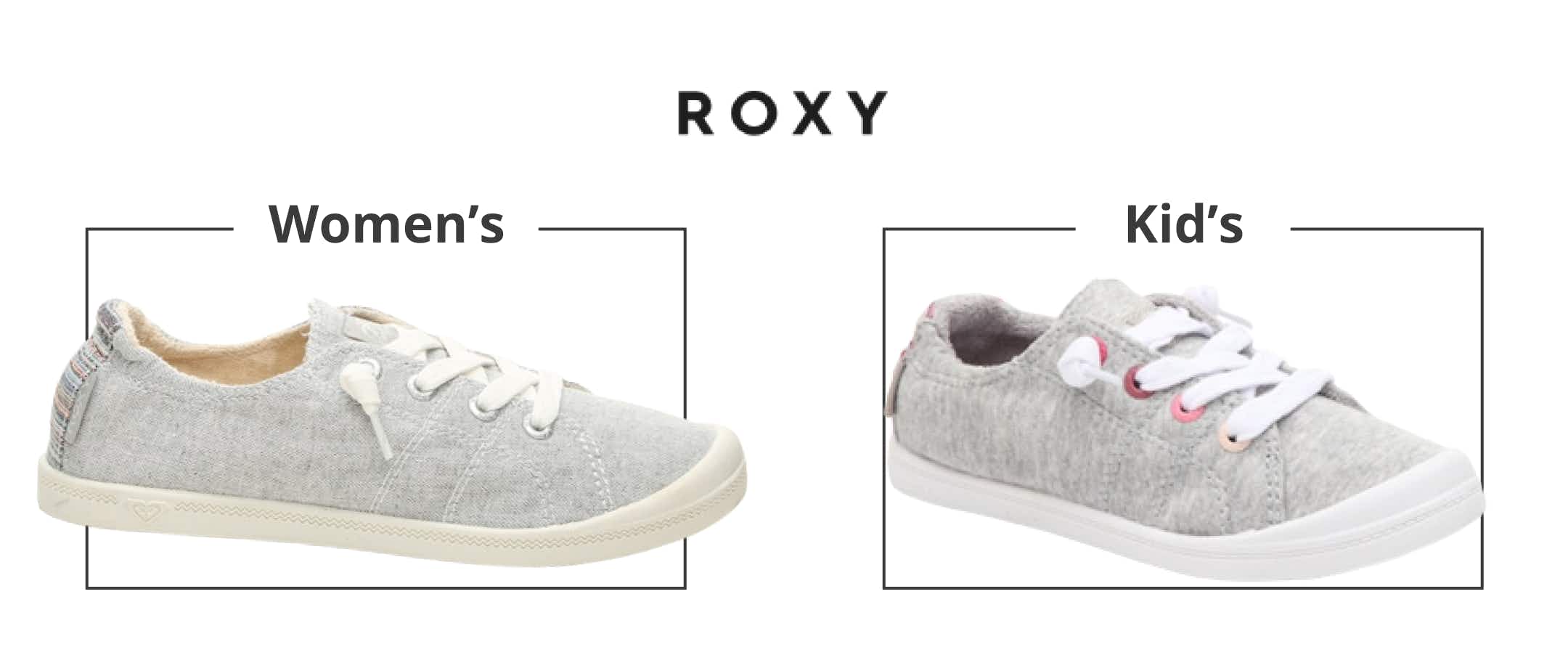 A comparison of a kid's and women's Roxy shoe