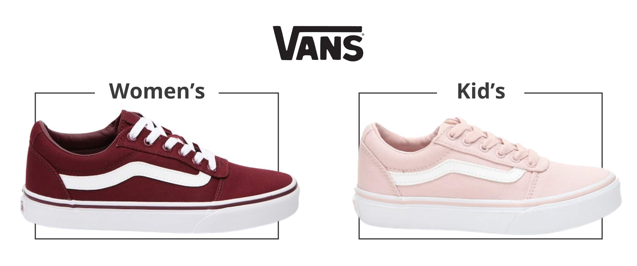 A comparison of a kid's and women's Vans shoe