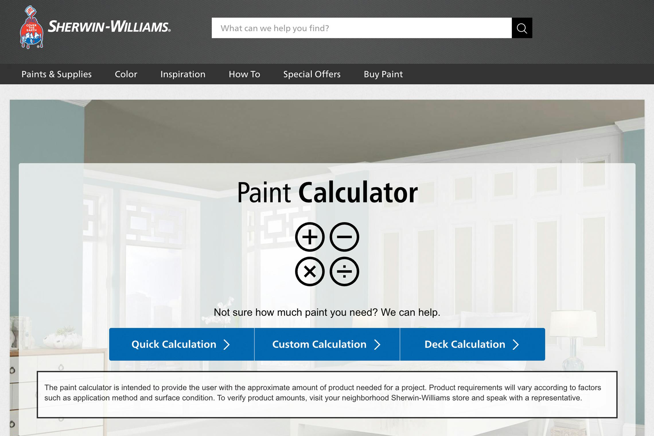 A screenshot of the Sherwin Williams paint calculator from sherwinwilliams.com.