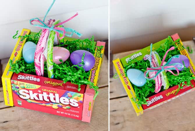 two images of candy boxes that are put together to make a diy easter basket 