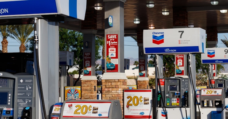 chevron station showing vons and albertsons rewards poster