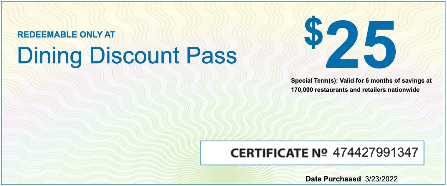 Restaurant.com Dining Discount Pass certificate