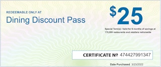 Restaurant.com Dining Discount Pass certificate