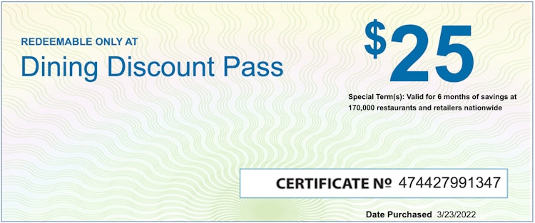 Restaurant.com Dining Discount Pass certificate
