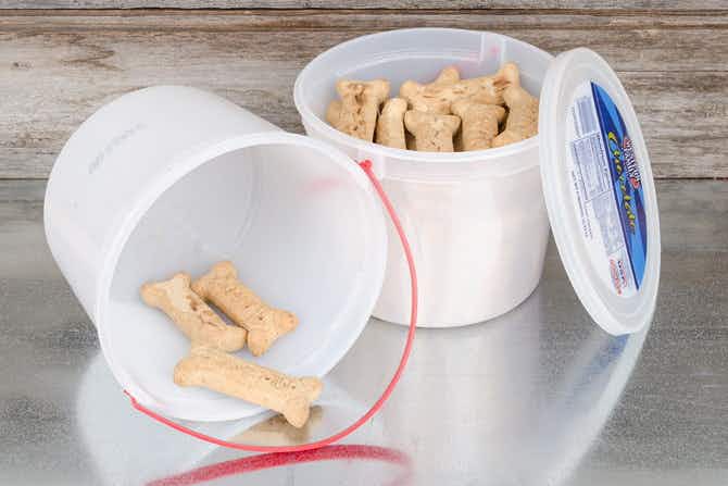 dog cookies in icecream tub