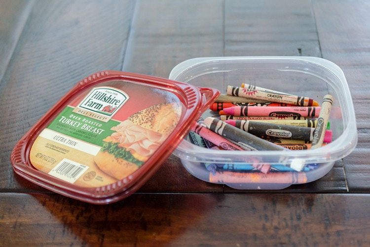crayons in lunch meat container
