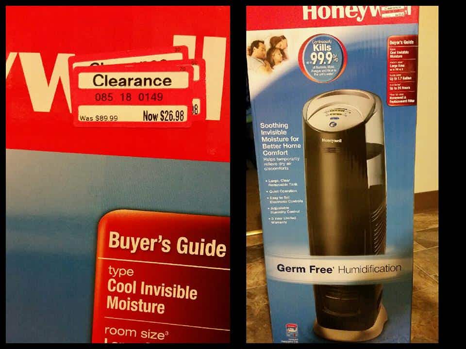 Cool Mist Humidifier : Honeywell Reg. price: $89.99 / On Clearance now for $26.98  Holmes Reg. price $69.99 / on Clearance now for $20.98
