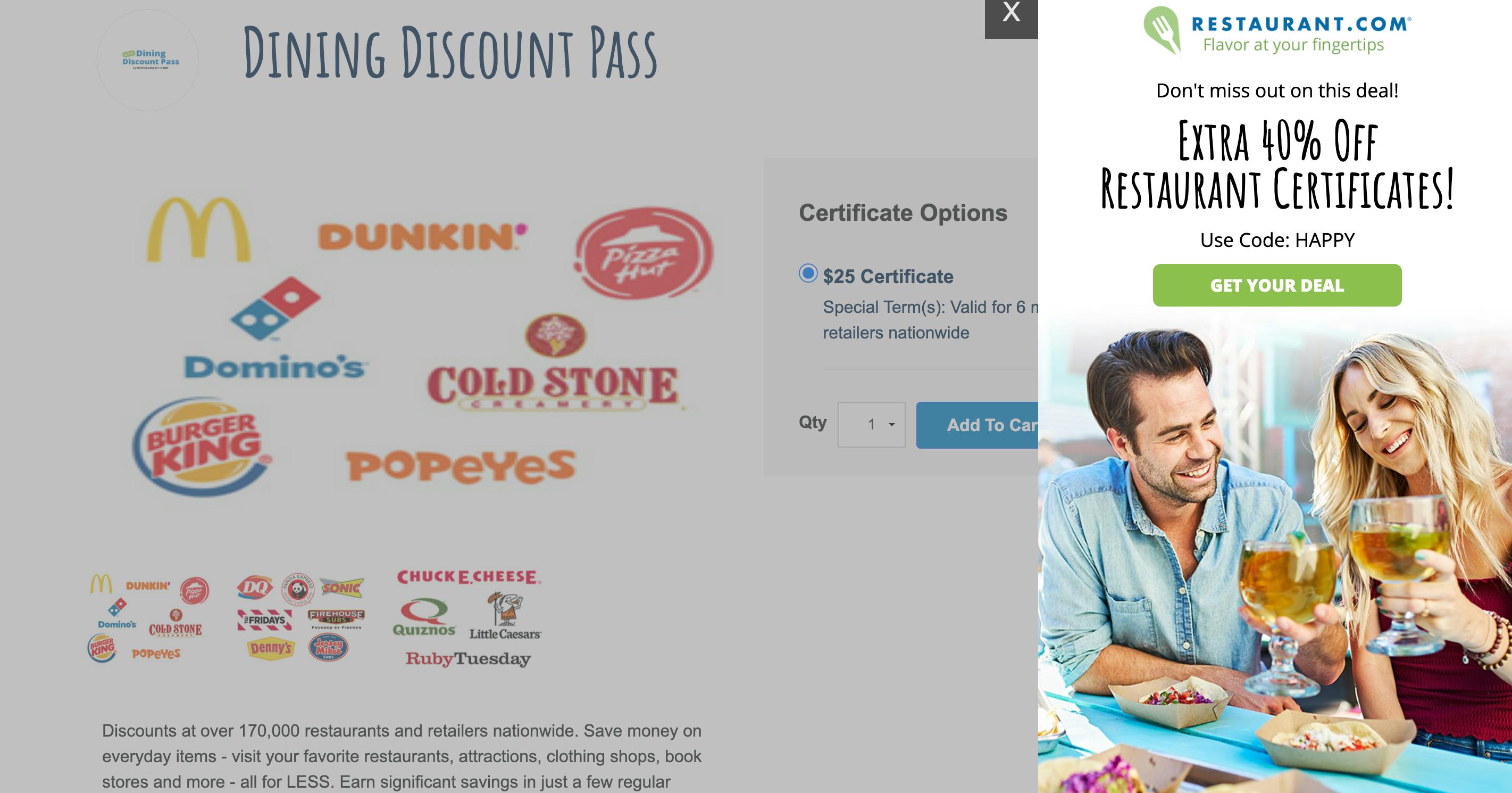 A screenshot of the Restaurants.com Dining Discount Pass page.
