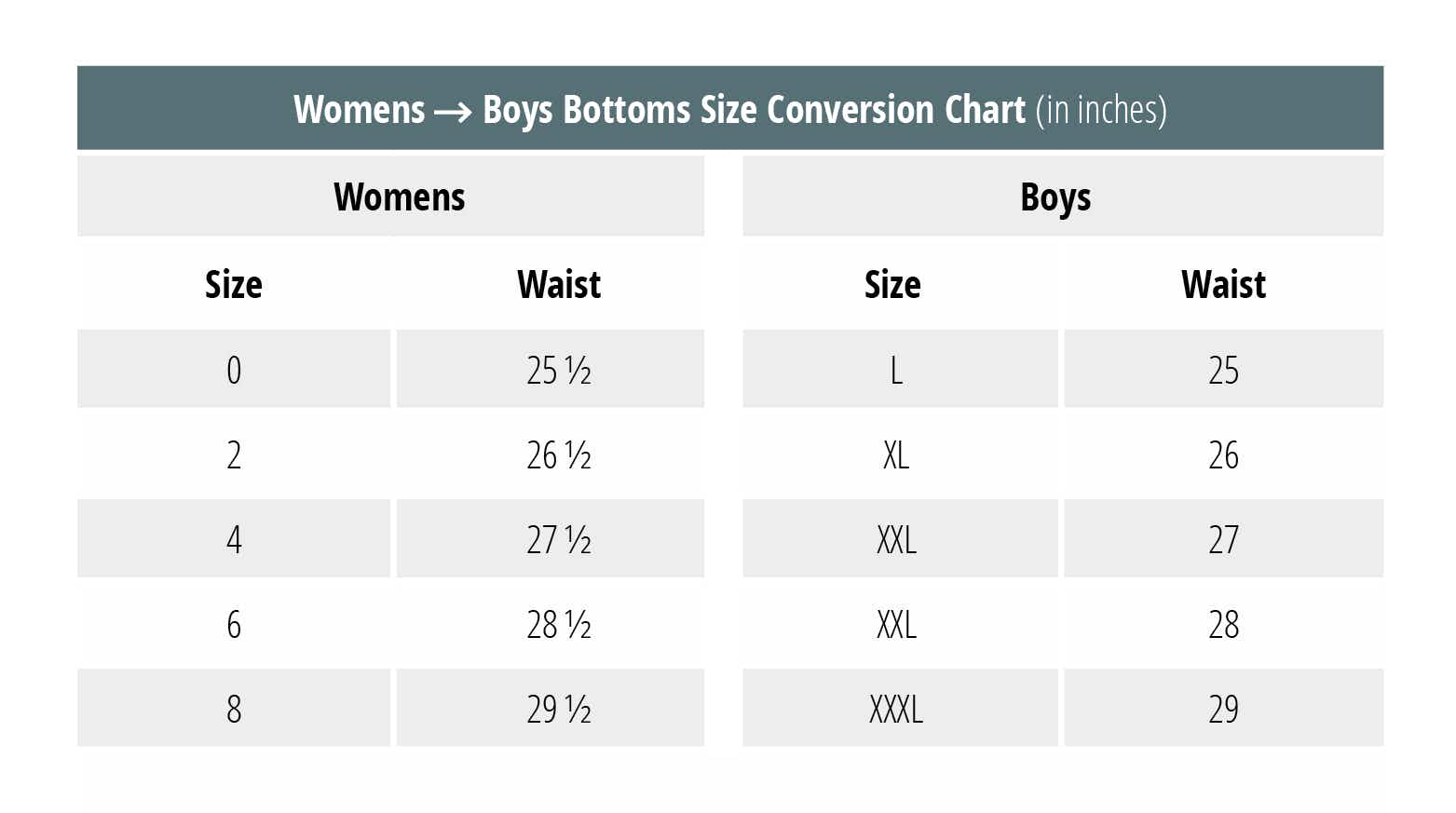 size chart comparing women's sizes to boy's sizes at GAP