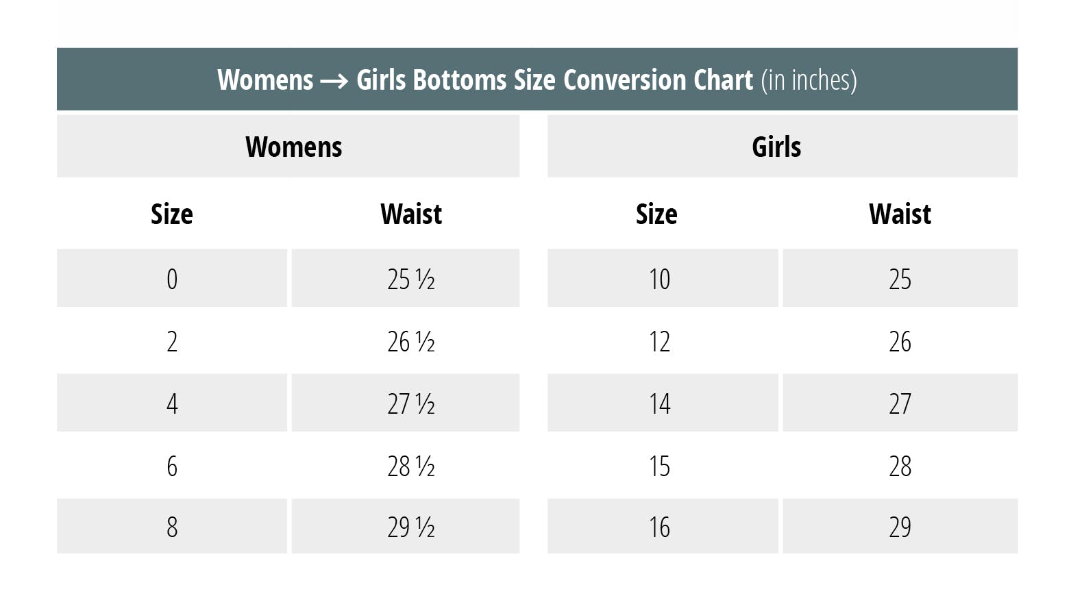 Size chart showing comparison of womens sizes to girl sizes at Gap