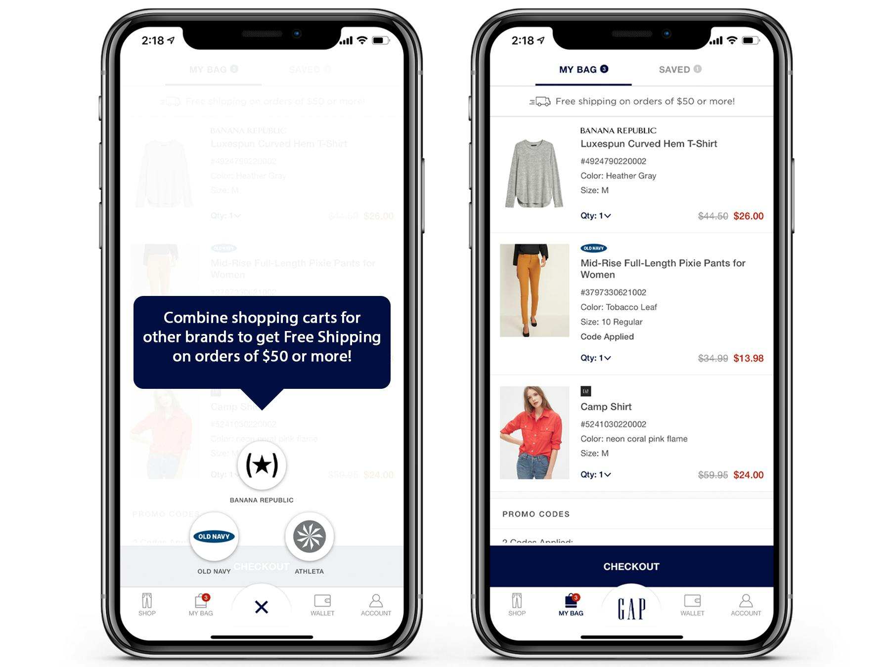 iphone screen shots for the Gap app. One displaying how to switch between brands on the app and another of an online shopping cart full of different brand items.