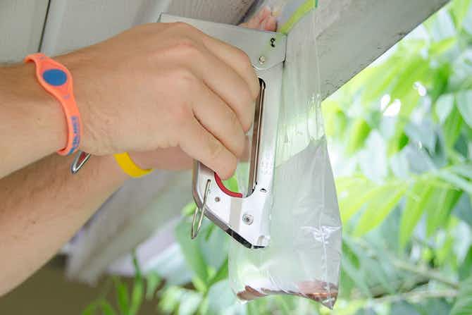 Man using a staple gun to attach a bag with pennies to a patio ceiling beam