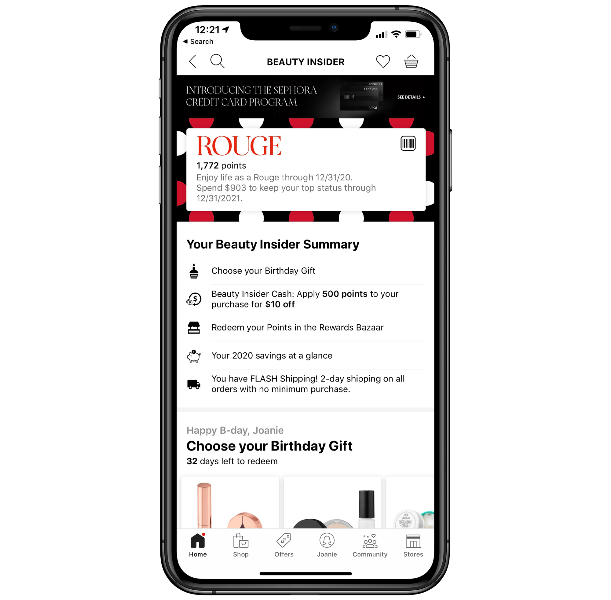 Sephora points on the Beauty inside App