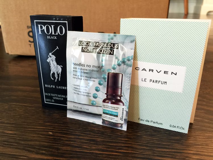 Three free Sephora samples of perfume and beauty products.