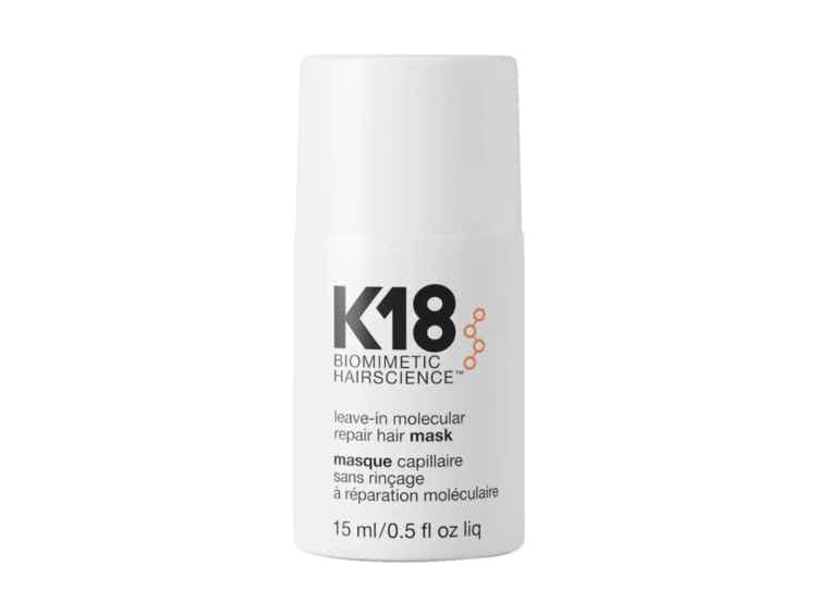 A 0.5 ounce bottle of K18 biominetic Hairscience Leave-In Molecular Repair Hair Mask from Sephora
