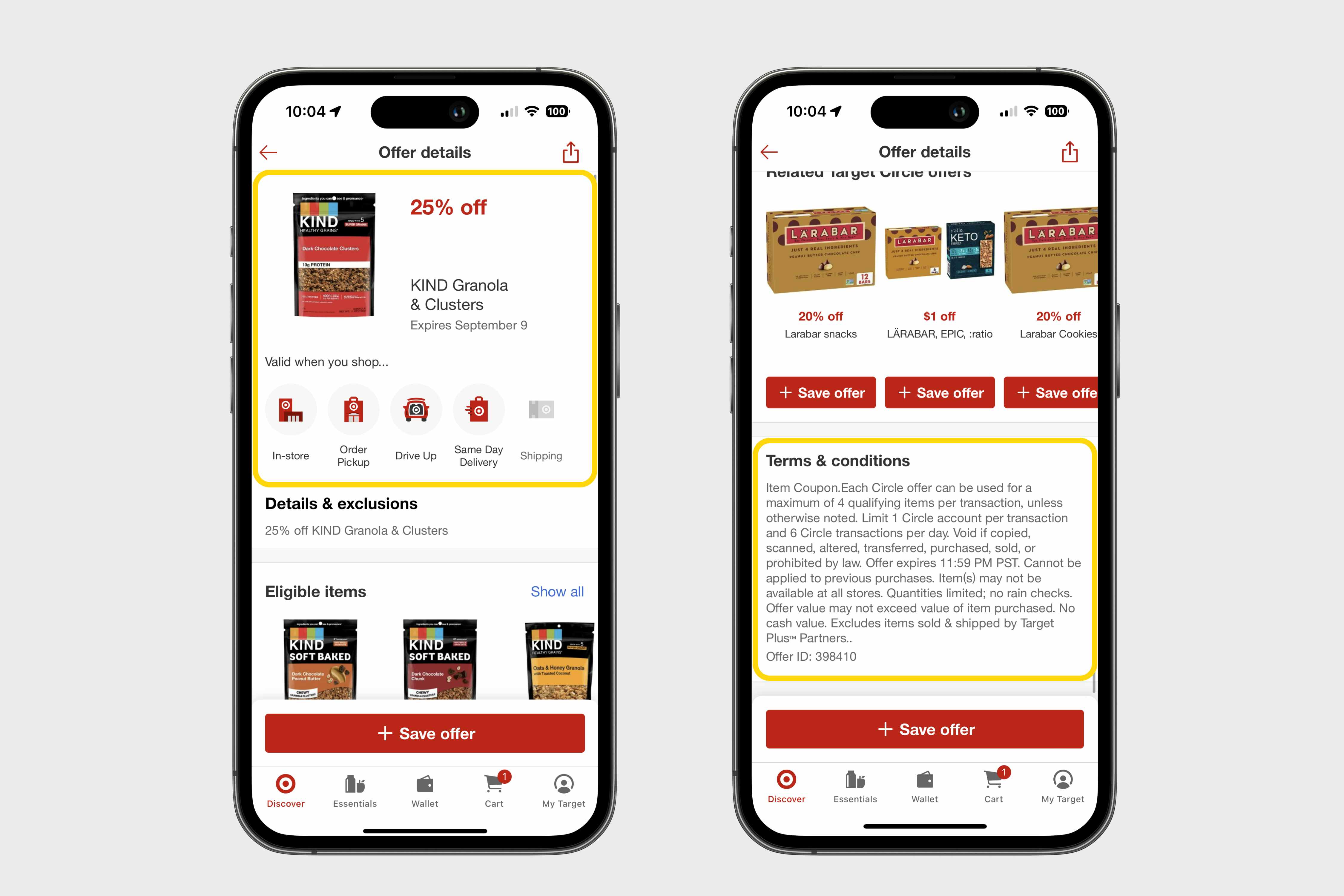 two phones displaying a Circle offer in the Target app, highlighting how you need to shop to redeem and the terms and conditions of the offer