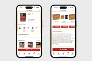 two phones displaying a Circle offer in the Target app, highlighting how you need to shop to redeem and the terms and conditions of the offer