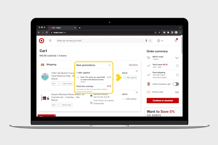 a laptop showing how the Target Circle offers automatically apply to your cart when they are saved to your account
