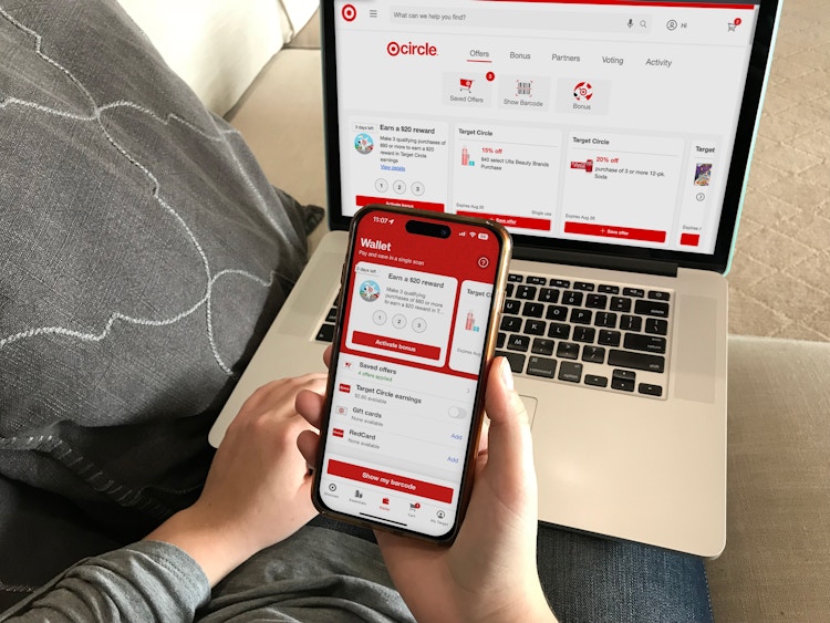 someone looking at Target Circle offers on their laptop and on the Target app