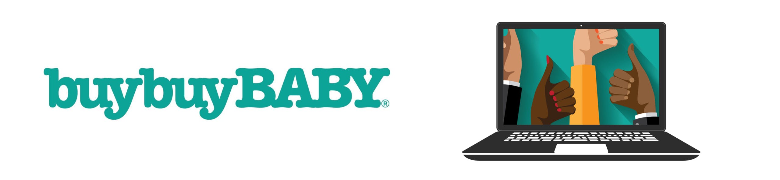 buybuyBaby logo next to a laptop with thumbs pointing up