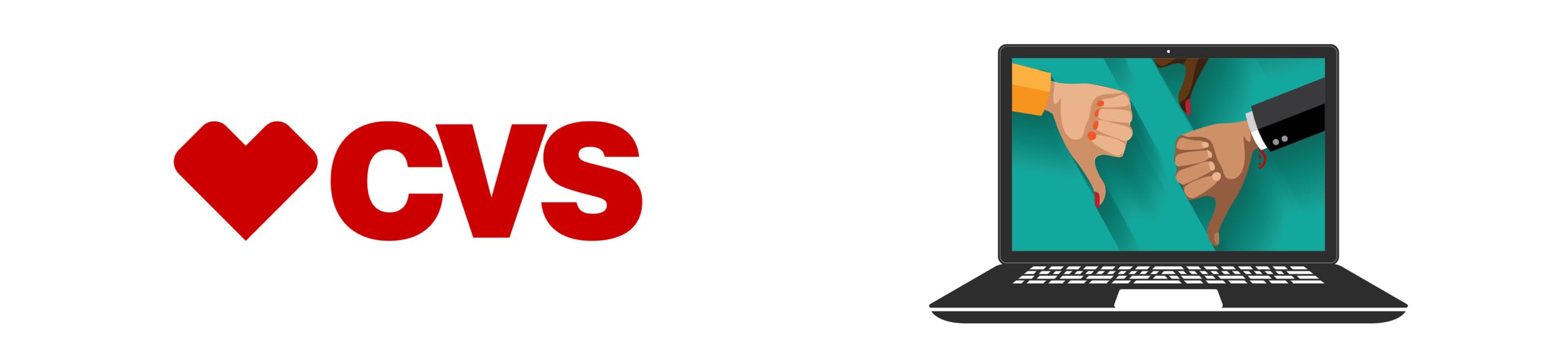 CVS logo next to a laptop with thumbs pointing down