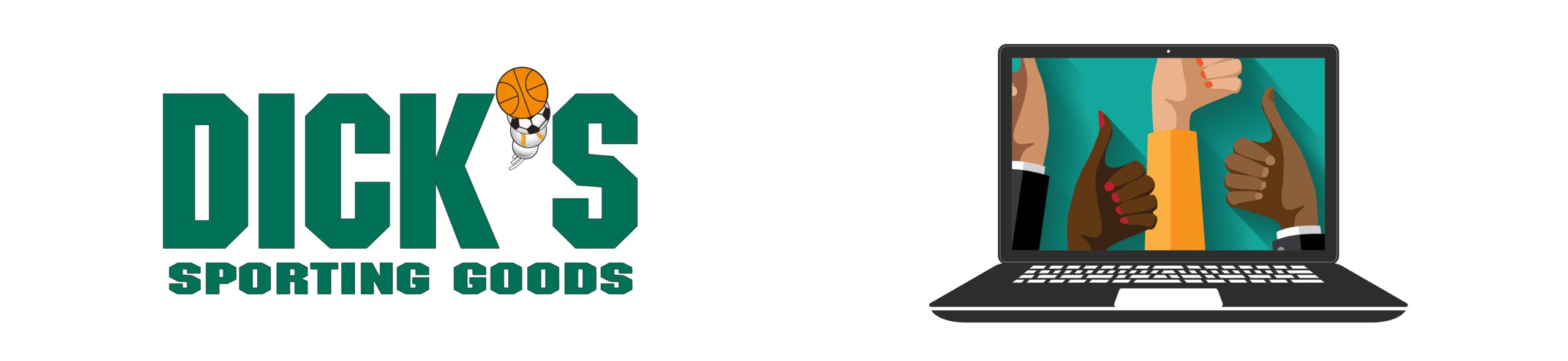 Dick's Sporting Goods logo next to a laptop with thumbs pointing up