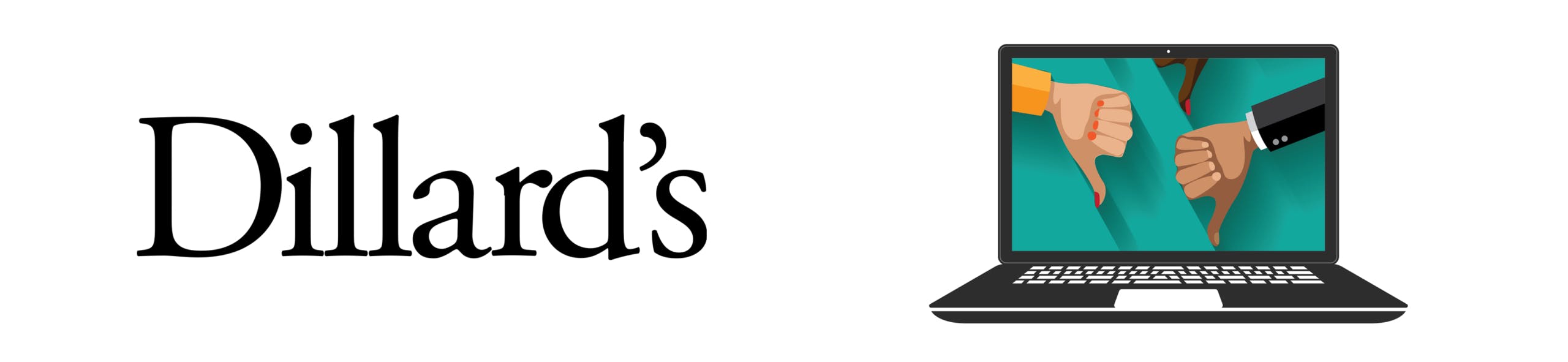 Dillard's logo next to a laptop with thumbs pointing down
