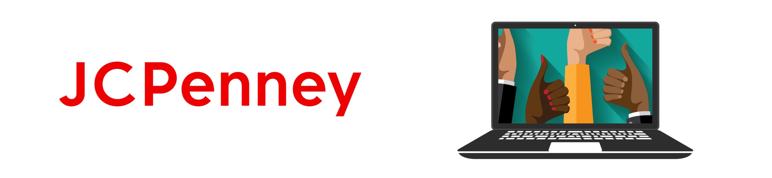 JCPenney logo next to a laptop with thumbs pointing up