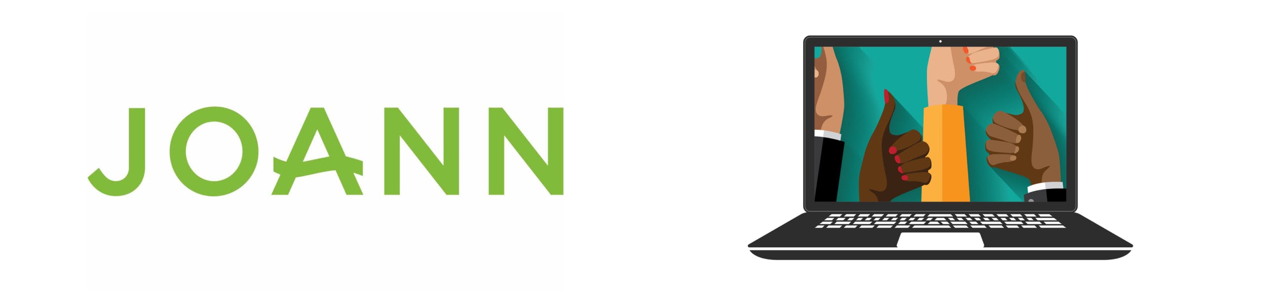 JoAnn logo next to a laptop with thumbs pointing up
