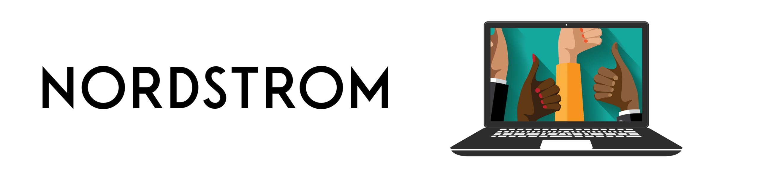 Nordstrom logo next to a laptop with thumbs pointing up
