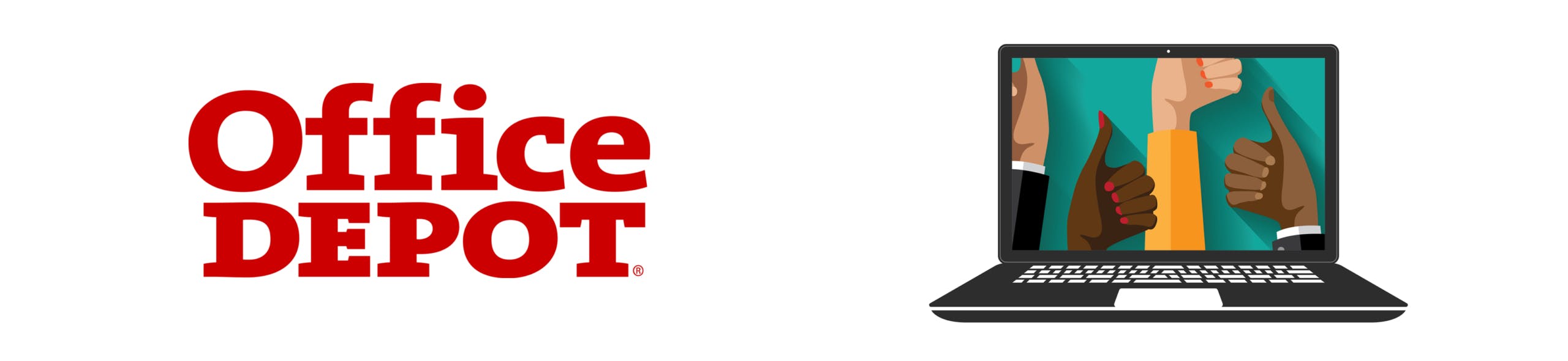 Office Depot logo next to a laptop with thumbs pointing up