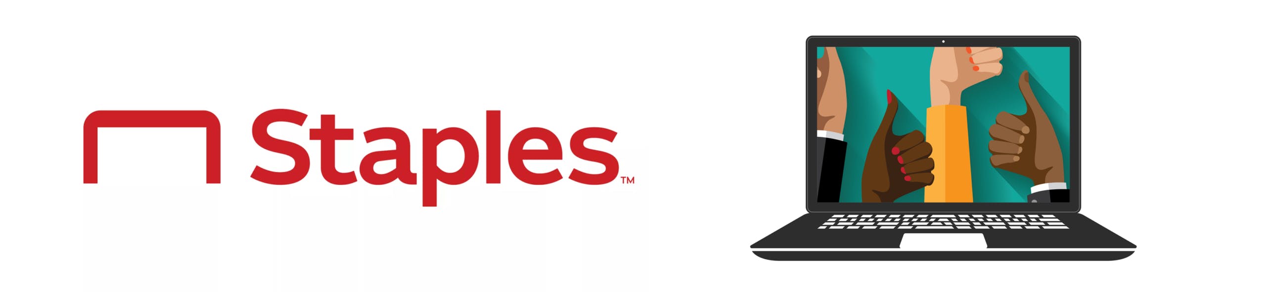 Staples logo next to a laptop with thumbs pointing up