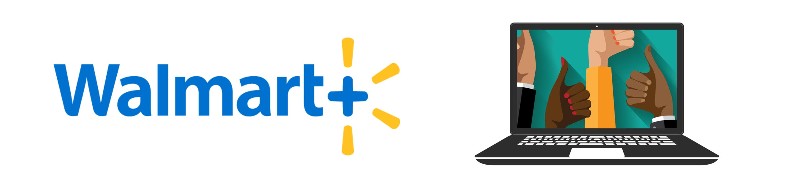 Walmart logo next to a laptop with thumbs pointing up