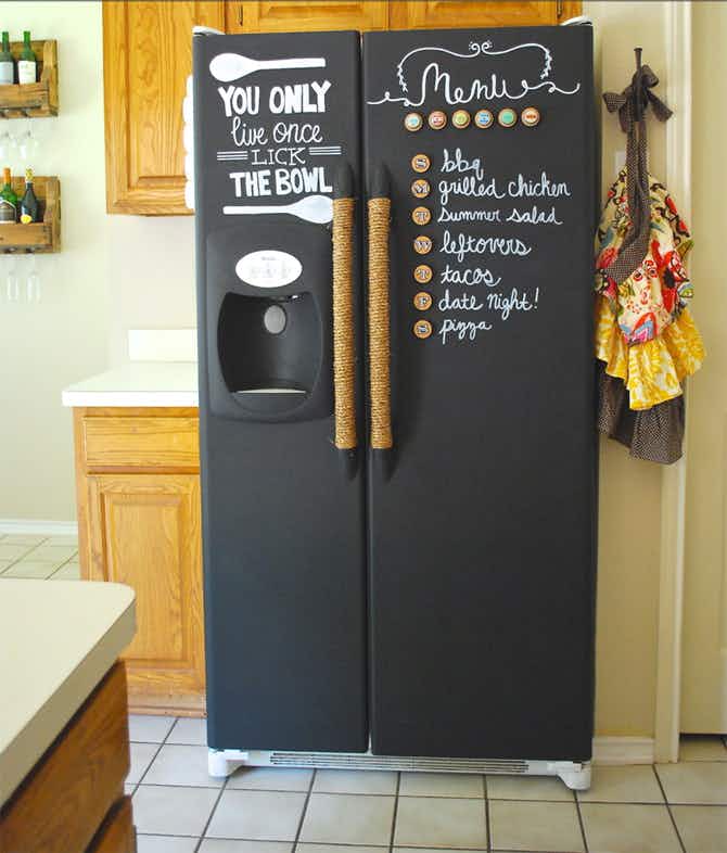 Fridge & Freezer Hack: Revamp your fridge with chalkboard paint and stay organized with a written weekly menu.