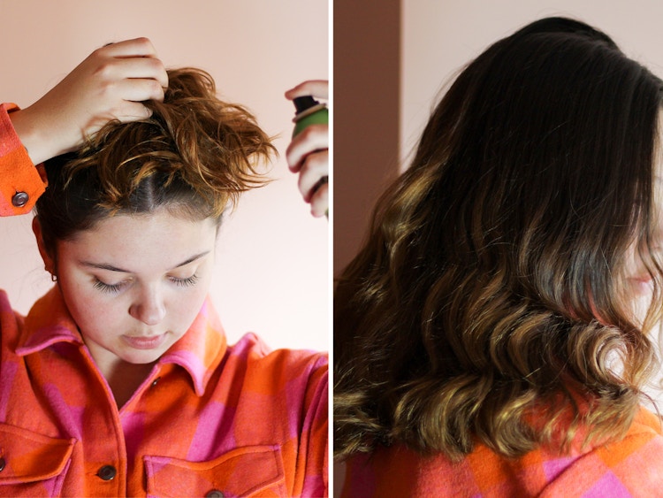 person using hairspray with a photo of the back of the head