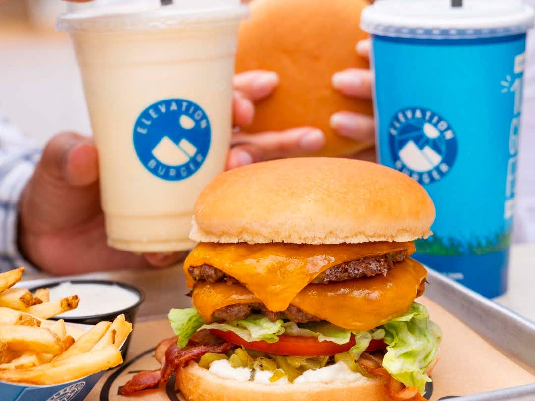 Burger and two drinks from Elevation Burger