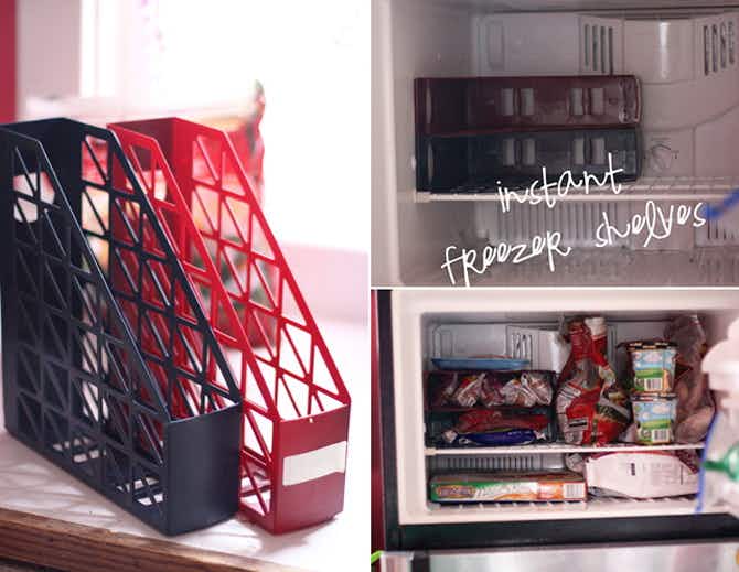 Fridge & Freezer Hack: Use magazine holders to create freezer shelves.