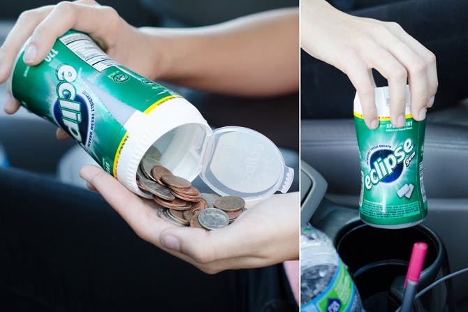 Keep loose change contained in your car with an empty gum container.