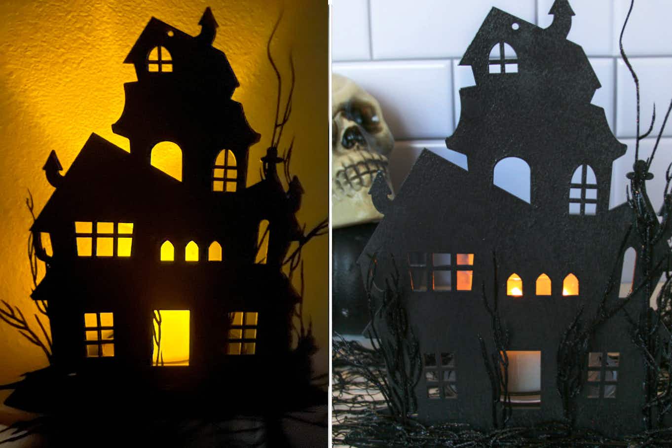 two images of a diy haunted house silhouette with glowing candle behind