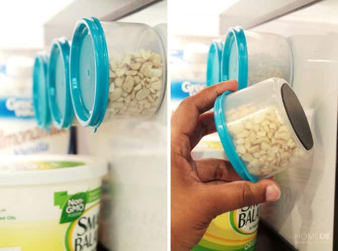 Fridge & Freezer Hack: Glue magnets to the bottom of containers so they stick to the sides of your fridge.
