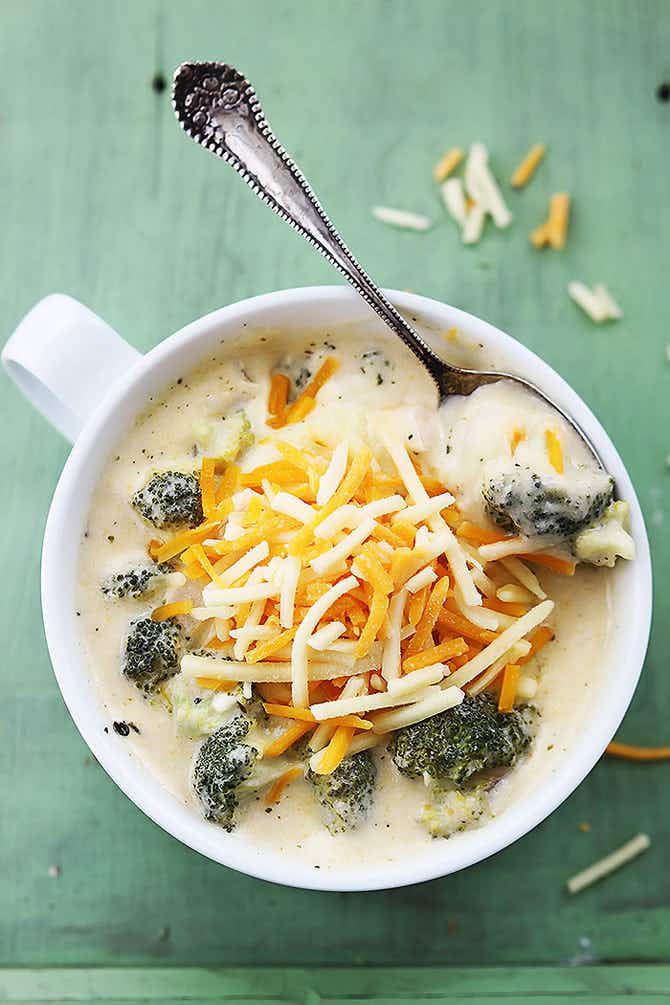 A bowl of creamy broccoli and cheese soup