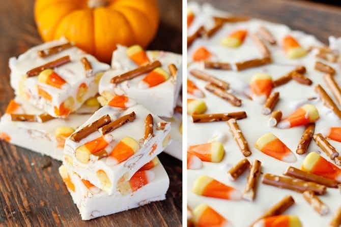 White chocolate fudge with pretzels and candy corn