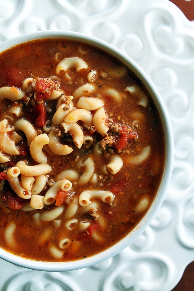 A tomato based macaroni and beef stew in a bowl